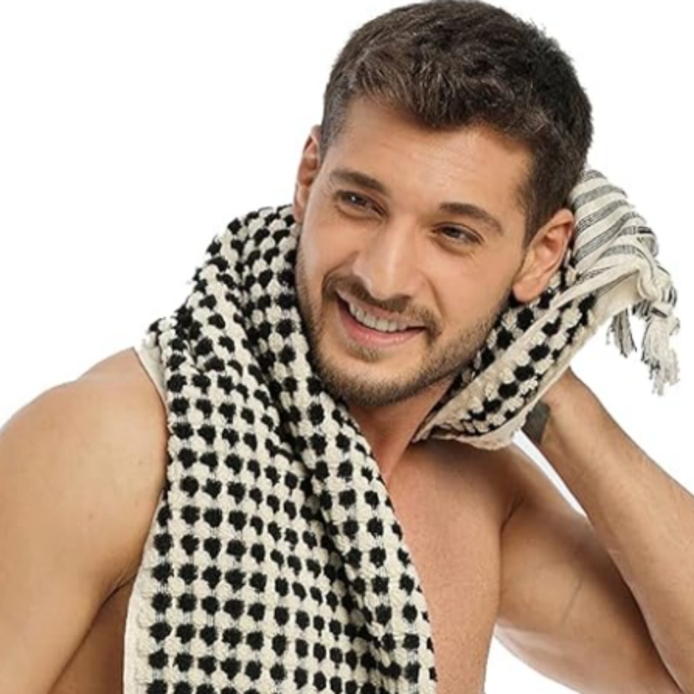 Turkish Spa Hair Peshtemal XL Hand Towel Black and Natural White Pom Pom Turkey